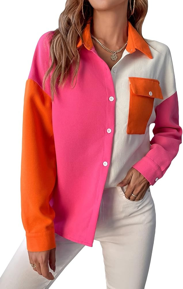 WDIRARA Women's Colorblock Drop Shoulder Button Down Shirt Long Sleeve Crop Top | Amazon (US)