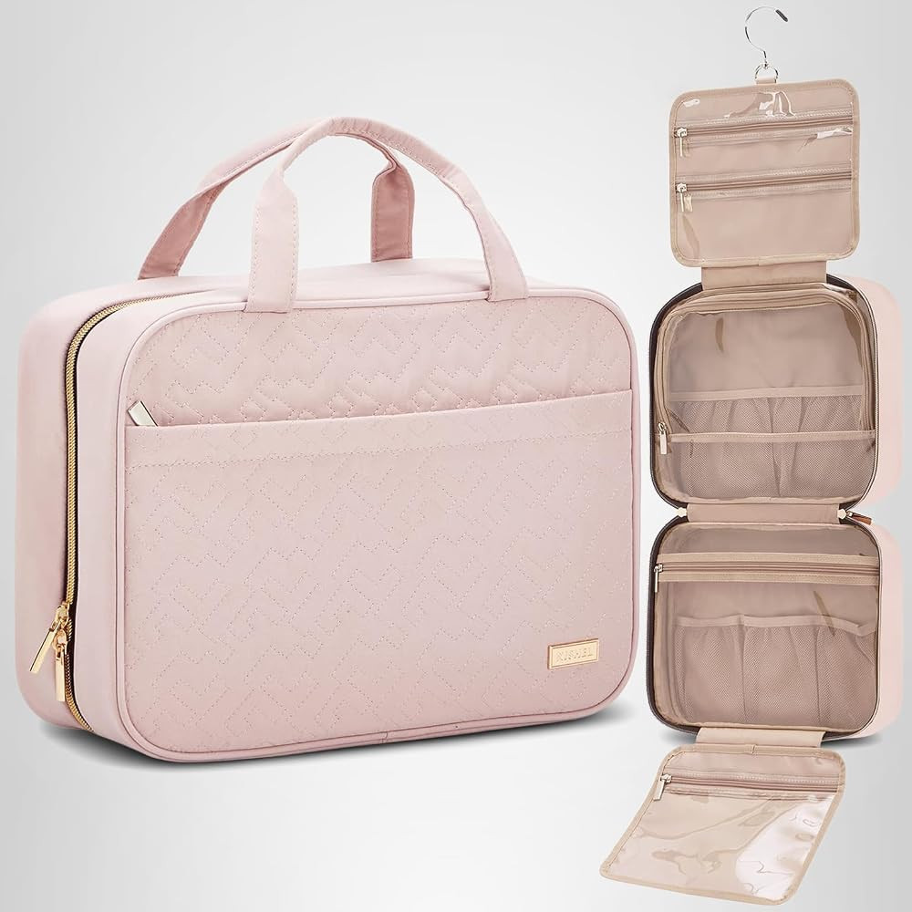 NISHEL Travel Toiletry Bag for women, Portable Hanging Organizer for Family-Sized Shampoo, Conditioner, Brushes Set, Makeup Accessories, Extra Large Size, Pink | Amazon (US)