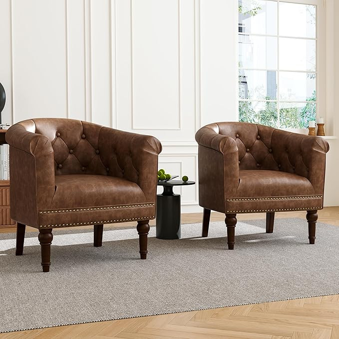 Accent Chair, Upholstered Faux Leather Barrel Chair with Nailed Trim, Comfy Club Armchair for Rea... | Amazon (US)