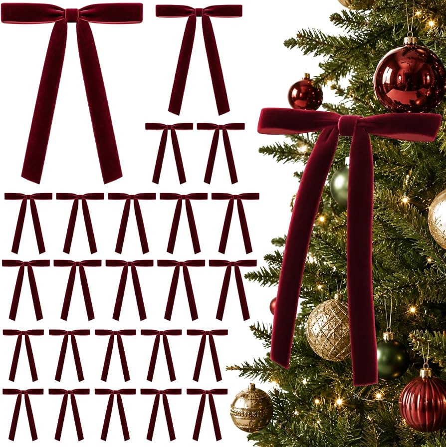 24 Pcs Burgundy Velvet Bows,5x7 Inch Dark Red Christmas Tree Bows | Amazon (US)