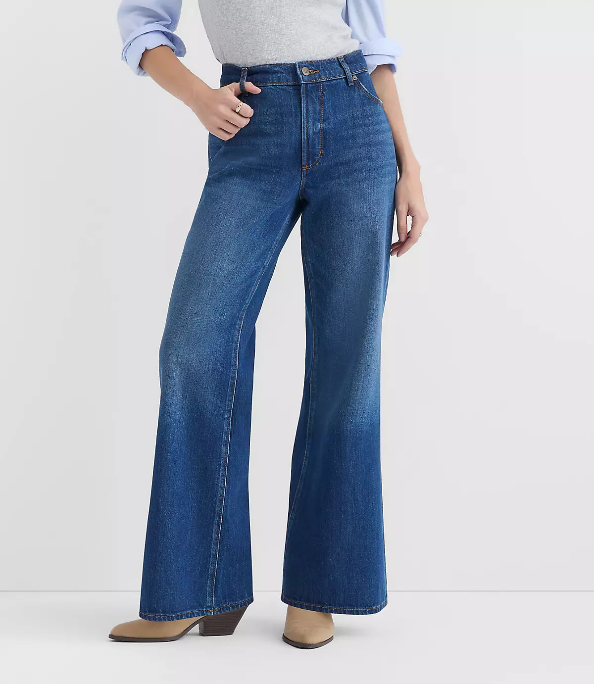 Rivete Petite Mid Rise Loose Flare Jeans in Vintage Dark Was | LOFT