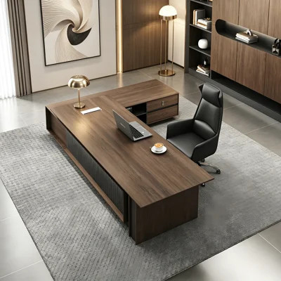 Modern Minimalist Brown Executive Desk Set with LED Ambient Lighting, Fluted Cabinet Doors & Concealed Cable Management Cutout | Wayfair North America