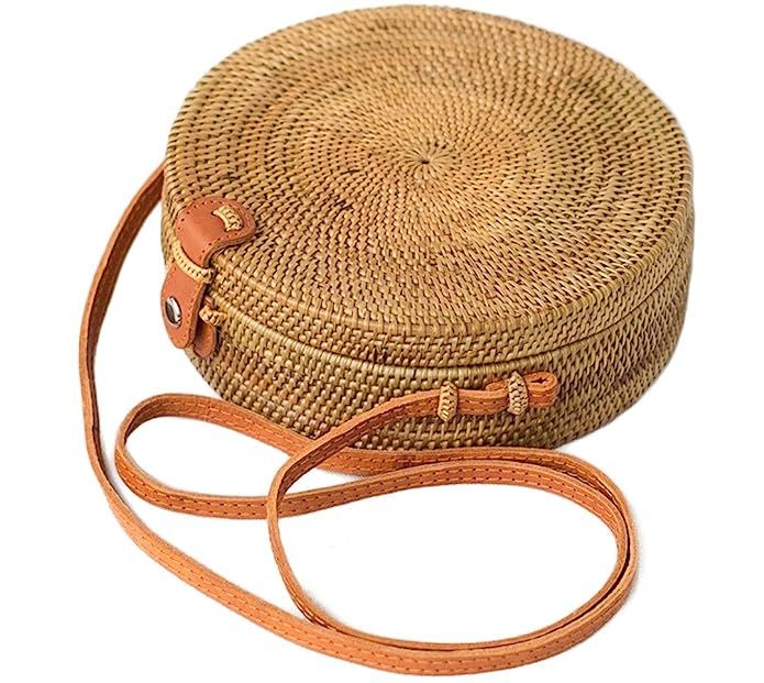 Bali Harvest Round Woven Ata Rattan Bag Linen Inside and Leather Button (with Genuine Leather Strap) | Amazon (US)