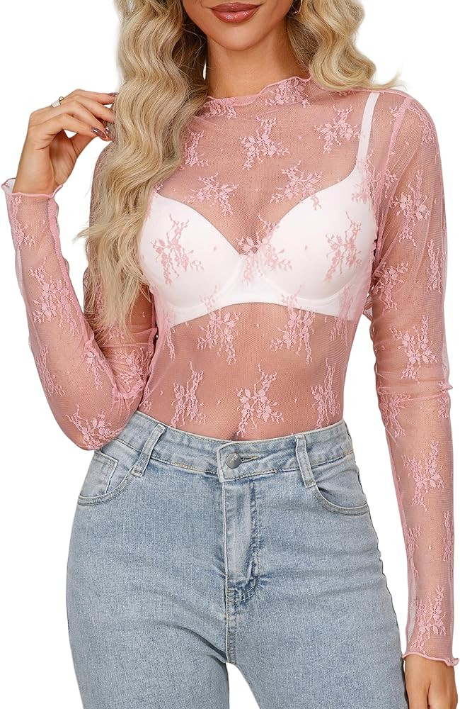 Diosun Womens Mesh Sheer Tops Long Sleeve Mock Neck Sexy See Through Shirts Lace Floral Blouses Y... | Amazon (US)