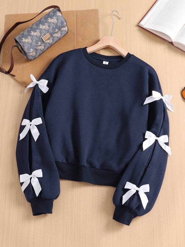 Cute Bowknot Round Neck Pullover Sweatshirt, Casual School Style For Young Girls | SHEIN