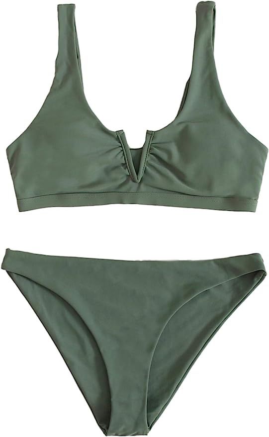 Romwe Women's Sexy V Wired Plain High Waisted Bikini Set Two Piece Swimsuits | Amazon (US)