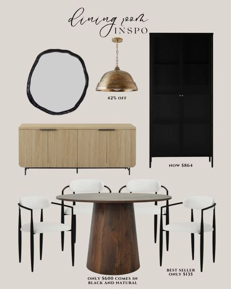 Wayfair dining room inspo:
Natural wood dining table. White dining chairs. White sculpture. Gold pendant. Light wood sideboard. Black framed mirror. Black cabinet tall.

#LTKsalealert #LTKhome