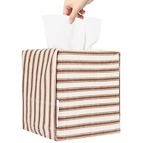 Tissue Box Cover, Fabric Tissue Box Holder Square, Stylish Reusable Toilet Paper Storage, Modern Bathroom Counter Organizer Decorations Accessories,Ticking Stripe 5''x5''x5'' (Light Brown) | Amazon (US)