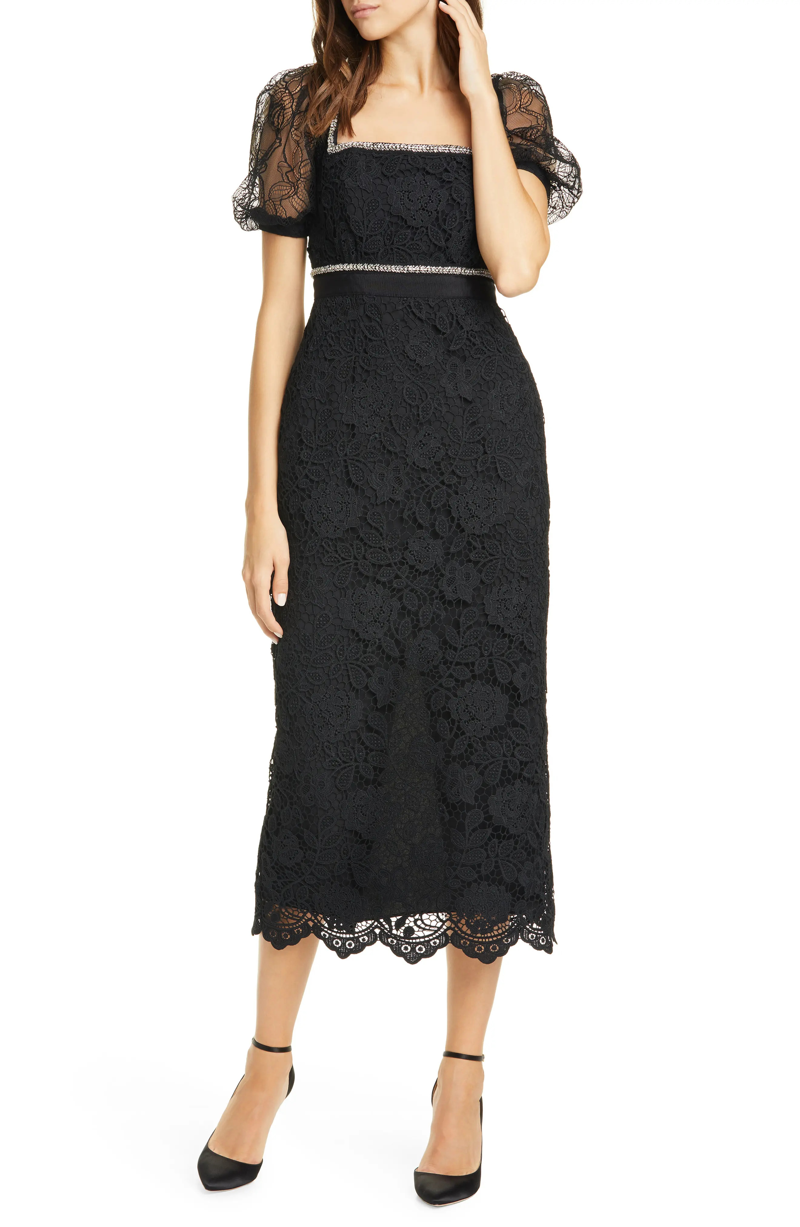 Women's Self-Portrait Bead Trim Lace Midi Dress, Size 0 - Black | Nordstrom