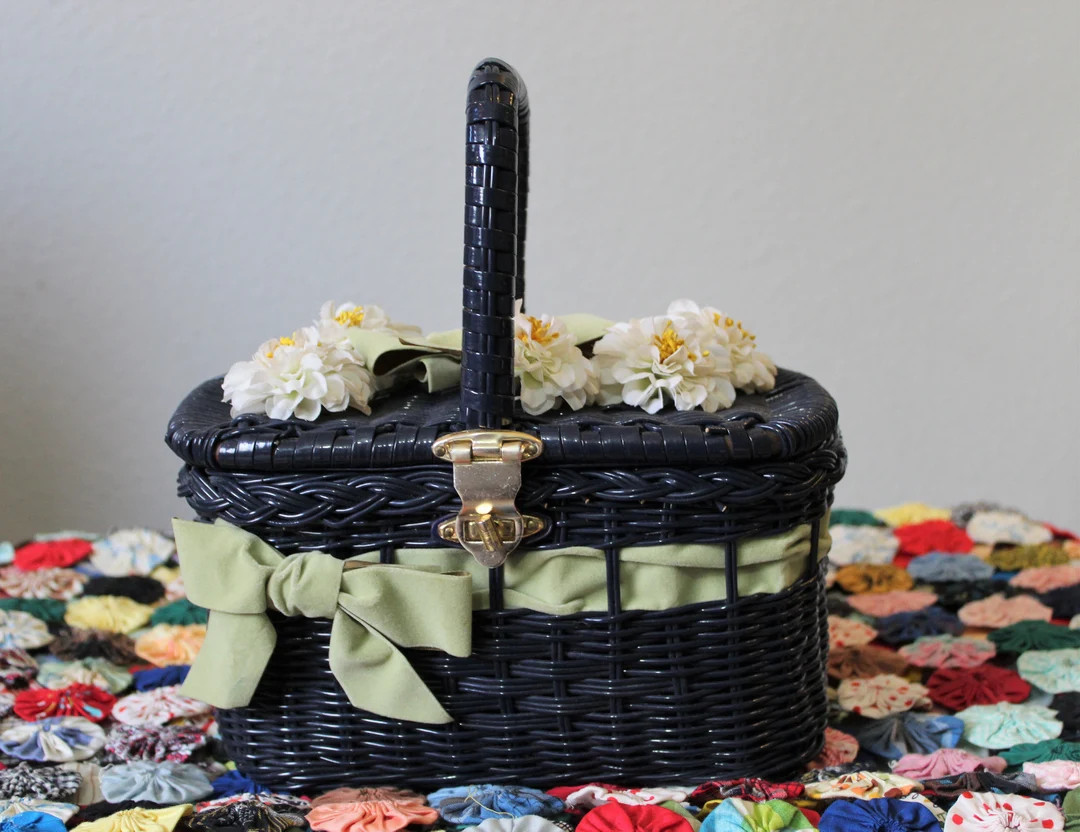 Vintage 1950's 60s Navy Blue Purse Wicker Vinyl Coated Made in Hong Kong Handbag Bag Lunch Pail B... | Etsy (US)