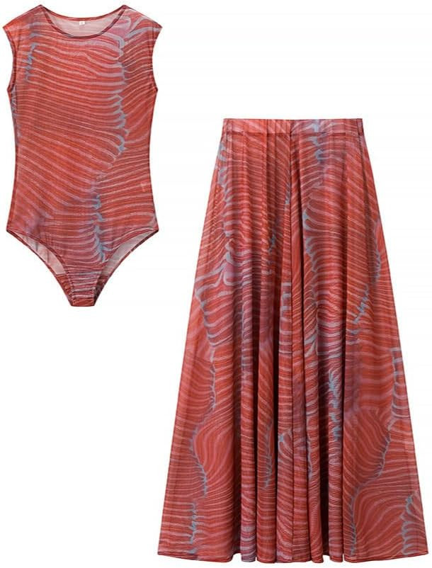 THLAI Sexy Women 2 Piece Skirt Sets Abstract Printed Sleeveless Bodysuit & High Waist Maxi Skirt Beach Vacation Outfit | Amazon (US)