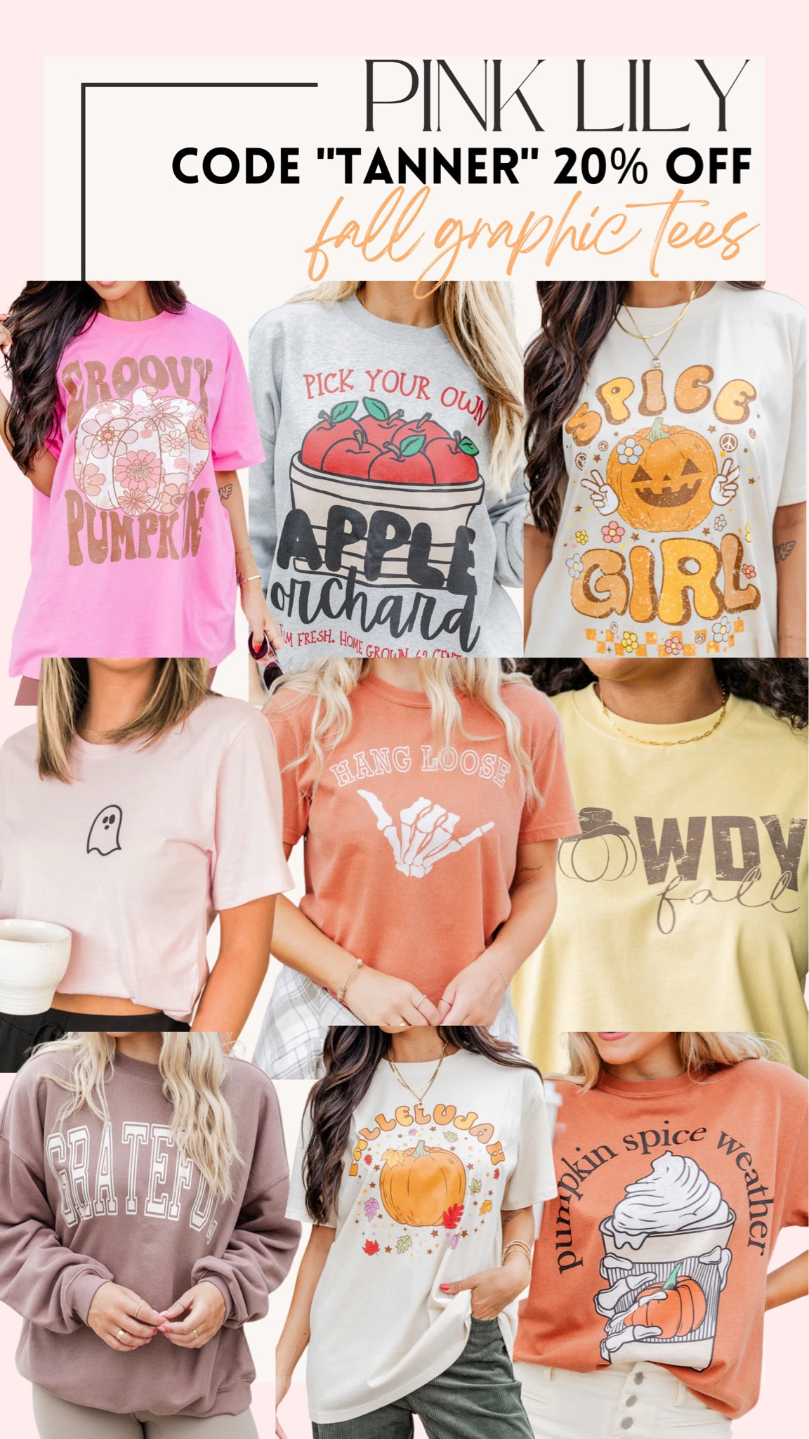 Pink Lily Fall Graphic Tees. Code “TANNER” for 20% Off

#LTKstyletip #LTKSeasonal #LTKFind