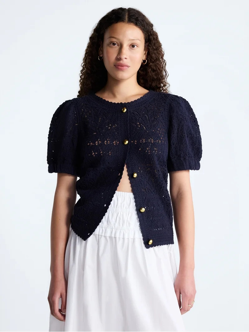 Free Assembly Women's and Women's Plus Pineapple Cardigan Sweater with Short Puff Sleeves, Lightw... | Walmart (US)
