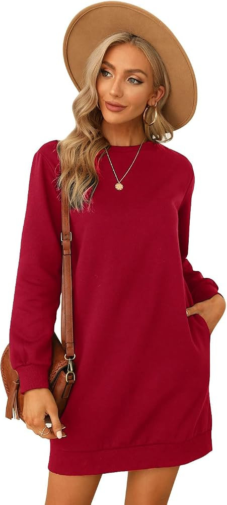 Fangetey Women's Fleece Sweatshirt Dress - Long Sleeve Crewneck Pullover Tops - Solid Color Casua... | Amazon (US)