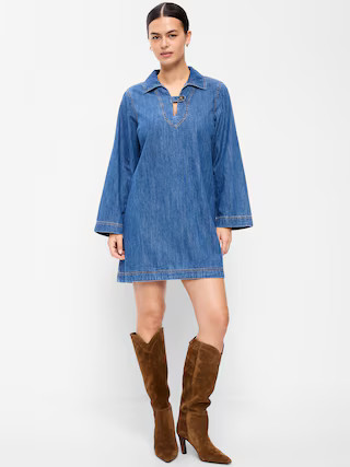 Long-Sleeve Popover Jean Mini Dress | Old Navy (US)