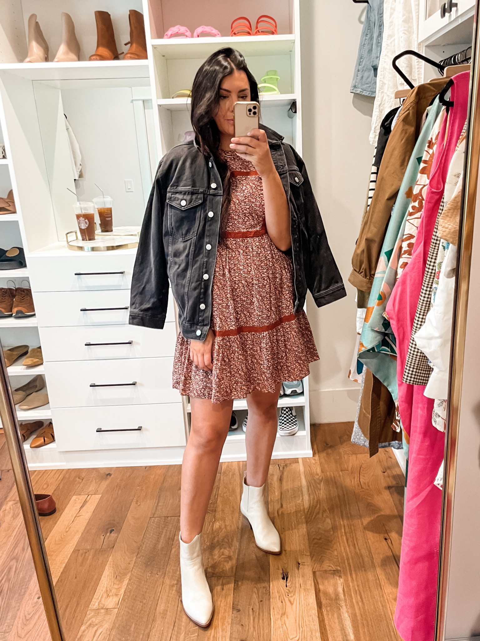 I didn’t realize this dress was the same print as the top / skirt combo ☠️ Bless me. However it is a really pretty print, and a I love this rust color / burgundy mix. I am int he medium and it fits TTS! Slightly more fitted at the chest but so it goes for us D cups. 

Also my booties are my faveeeeeeeee. They’re in and out of stock in white so I’ve linked all the colors here! They’re comfy and fit perfectly. Plus they aren’t super tight on my ankles which makes me feel blessed. 

Last but never least, looooove a denim jacket from Madewell and I picked up this oversized one in black this year. I have this one in the blue color as well. I am in the medium, fit is TTS! But obviously oversized.

#LTKunder100 #LTKsalealert