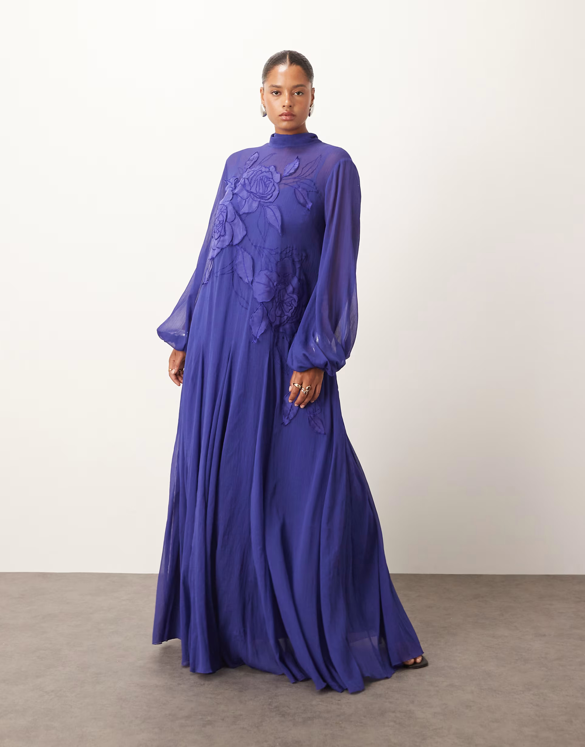 ARRANGE Curve applique floral tie neck blouson sleeves trapeze maxi dress in cobalt blue | ASOS (Global)