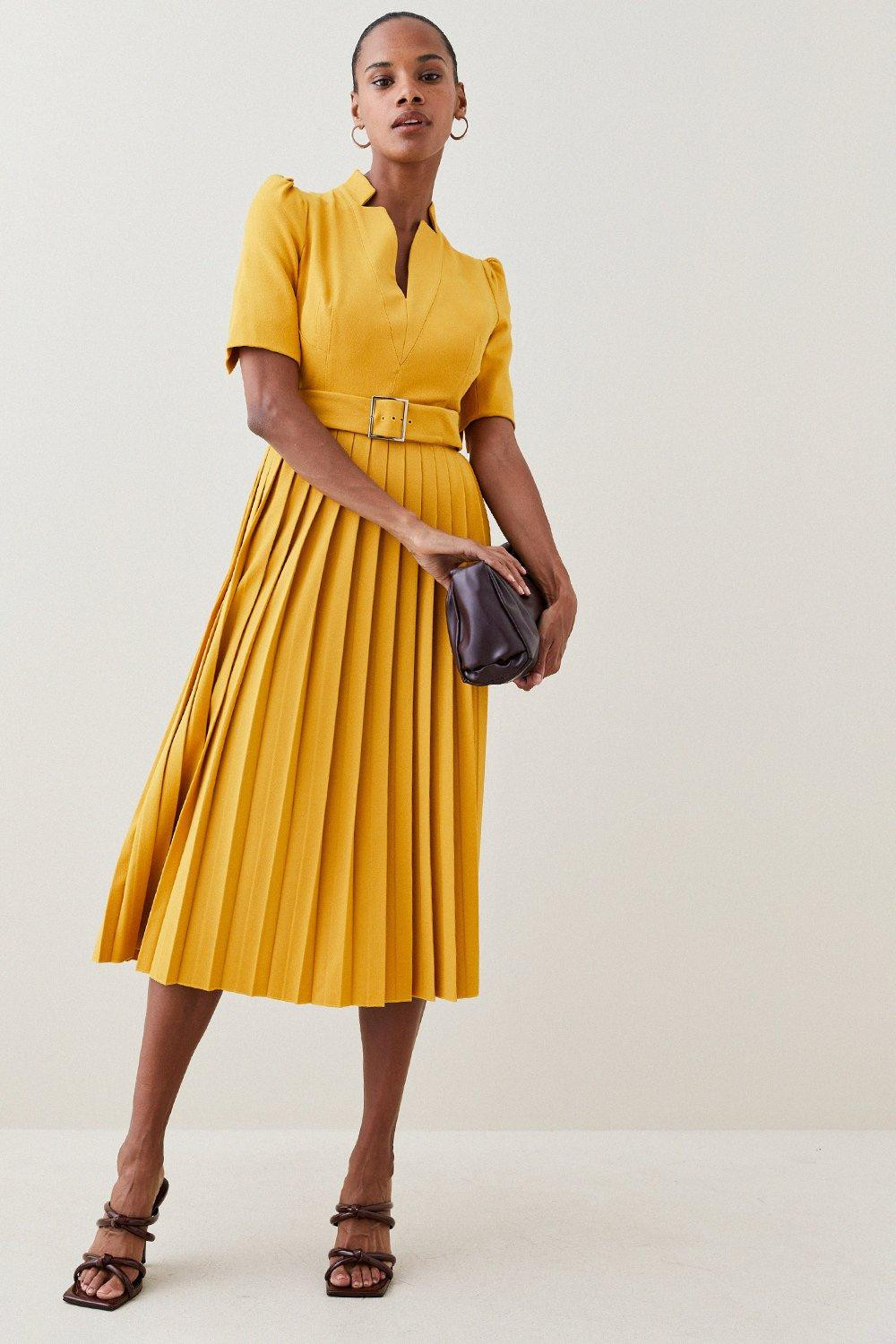 Structured Crepe Forever Pleat Belted Midi Dress | Karen Millen US