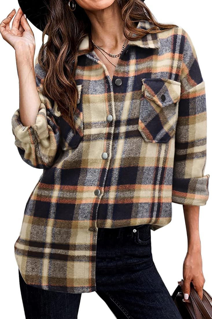 Beaully Women's Flannel Plaid Jacket Long Sleeve Button Down Chest Pocketed Shirts Coats Shacket | Amazon (US)