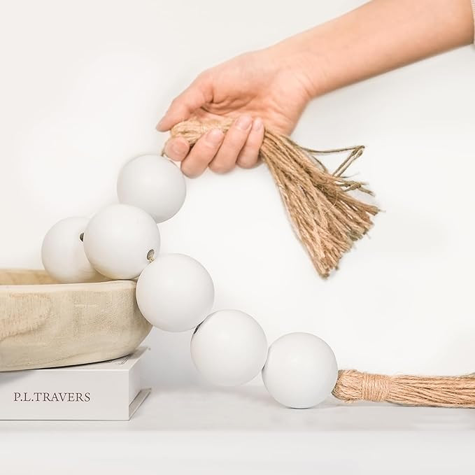 Extra Large Wood Bead Garland with 2" Diameter Wooden Beads, Wooden Beads Garland with Tassels, D... | Amazon (US)