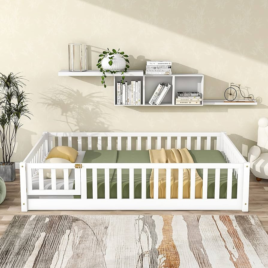 i-POOK Twin Floor Bed for Children, Sturdy Wood Montessori Bed Frame with Wood Slats, High Fence ... | Amazon (US)