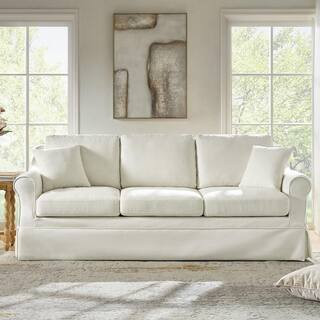 JAYDEN CREATION Gaitana White 88 in. W Round Arm Slipcovered Polyester Sofa with Down Blend Fill ... | The Home Depot