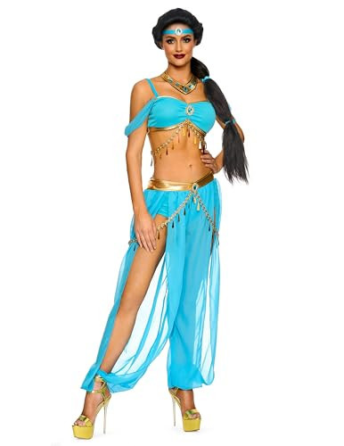Spooktacular Creations Arabian Princess Costume Women, Fairy Dance Outfit Adult Fancy Set With Teal Jewel Top Pants Headband Necklace for Halloween Cosplay Birthday Parites-M | Amazon (US)