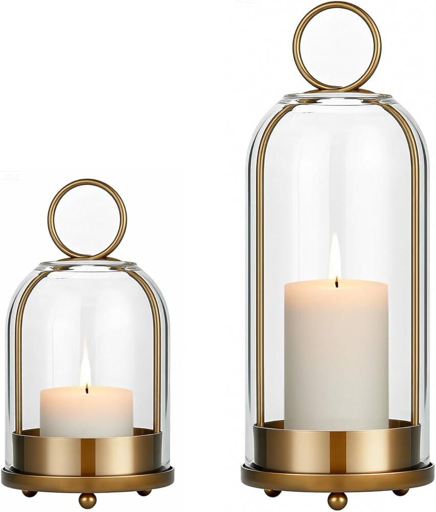 Havmorph 5"&4" Hurricane Glass Candle Holders, Hanging Brass Metal Candle Holder for Pillar Candl... | Amazon (US)