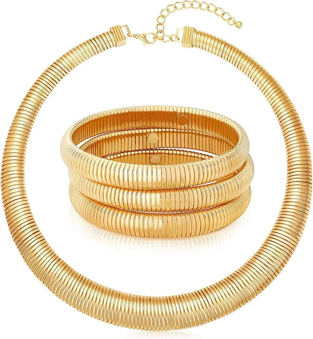 Chunky Gold Choker Necklace and Stretch Bangle Bracelet Set for Women 14 Gold Plated Snake Chain ... | Amazon (US)