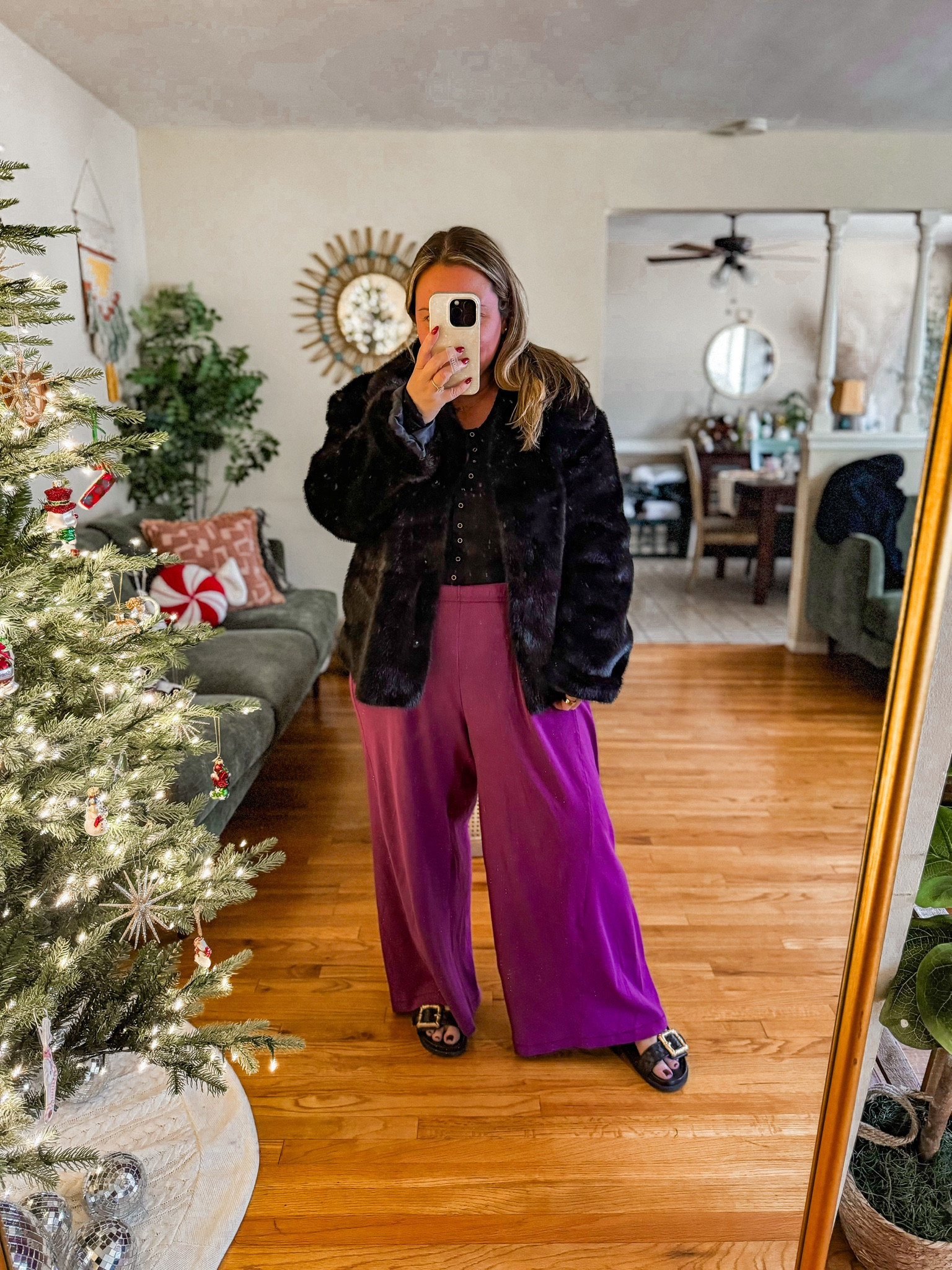 Casual midsize outfit 
Faux fur jacket on sale use code HOLIDAYRUSH for discount 
Free People Pants size medium (definitely could use a small they run big!) 
Top size large super soft and stretchy.

Casual style, lounge wear, size 12, size 14, Christmas, gifts for her, gift guide, winter coat, petite style 

#LTKHoliday #LTKMidsize #LTKSaleAlert