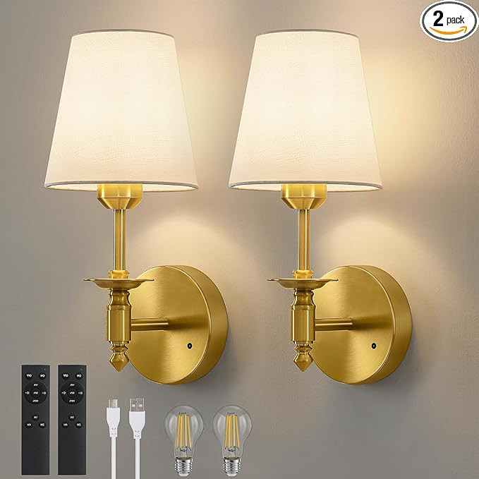 WOSHITU Battery Operated Wall Sconce: Brass Sconces Set of 2 with 2 Remote & 2 Dimmable Bulb Brus... | Amazon (US)