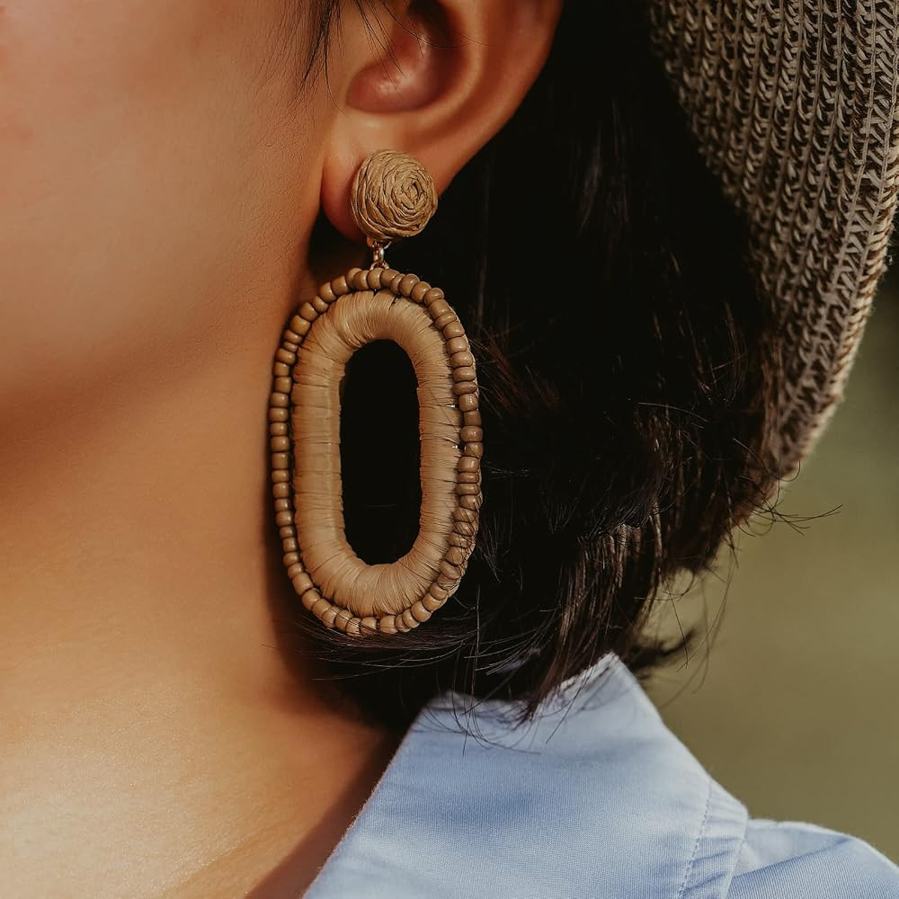 Beaded Raffia Boho Earrings - Cute Seed Bead Square Drop Dangle Earrings for Summer | Amazon (US)