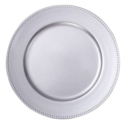 MAONAME Silver Charger Plates Set of 6, Round Dinner Chargers with Beaded, 13 Inch Plastic Plate Chargers for Wedding, Table Decor | Amazon (US)