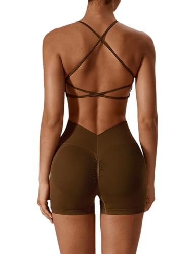 ABOCIW Womens Workout Sets Seamless Criss Cross Back Sports Bra V Back Scrunch Butt Lifting High Waist Biker Shorts 2 Piece Yoga Gym Sets Brown X-Large | Amazon (US)