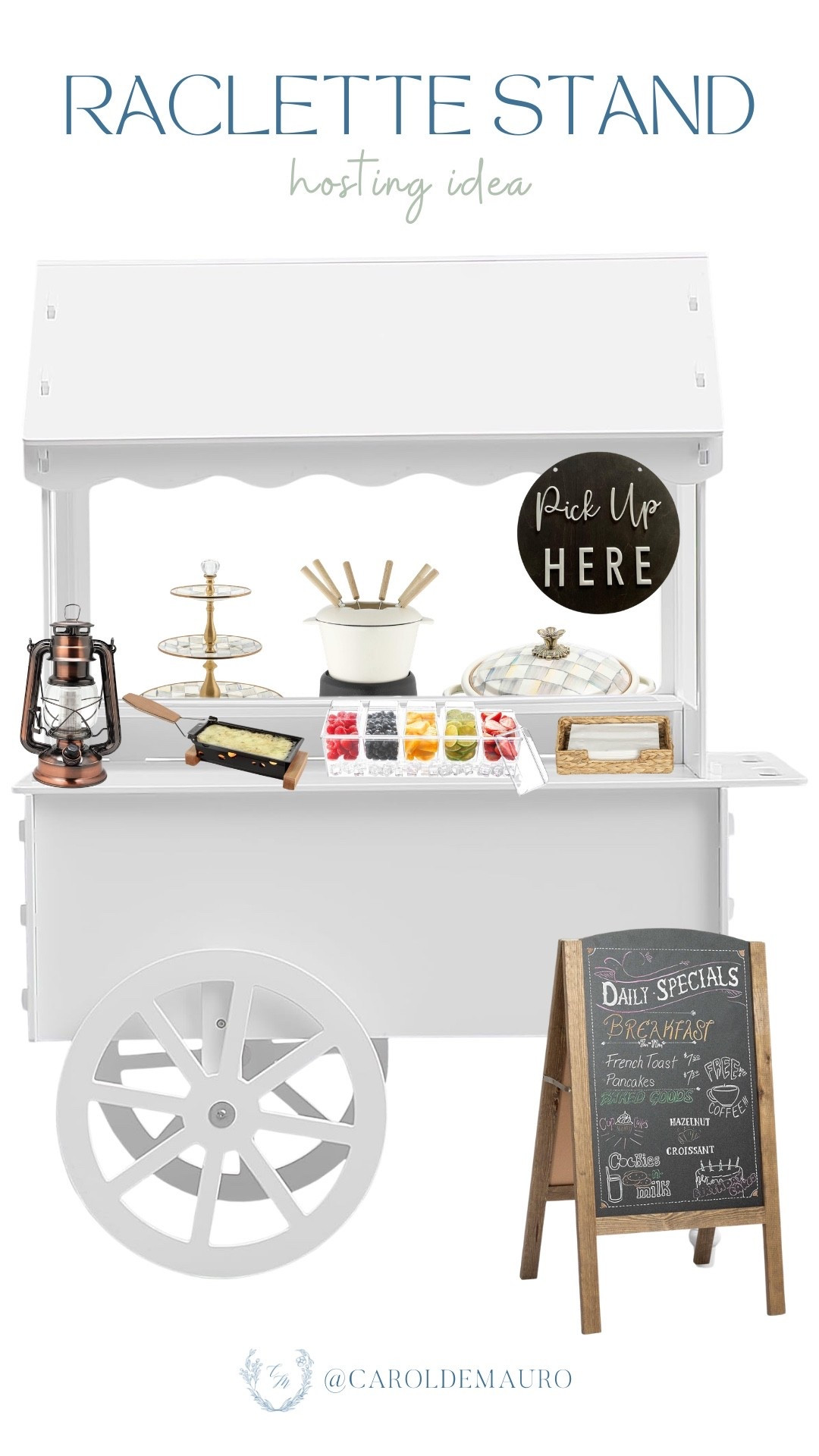 Host a unique dinner by setting up this white vendor cart with a cheese raclette melter and a tiered serving tray for all your favorite toppings! Add a vintage-style lantern and wooden chalkboard sign with those cozy, market-style vibes to your next gathering.

amazon home, party inspo, table setting, food arrangement, raclette stand, appetizer booth, kitchen furniture, hostess life, party food

#LTKSeasonal #LTKHome #LTKU