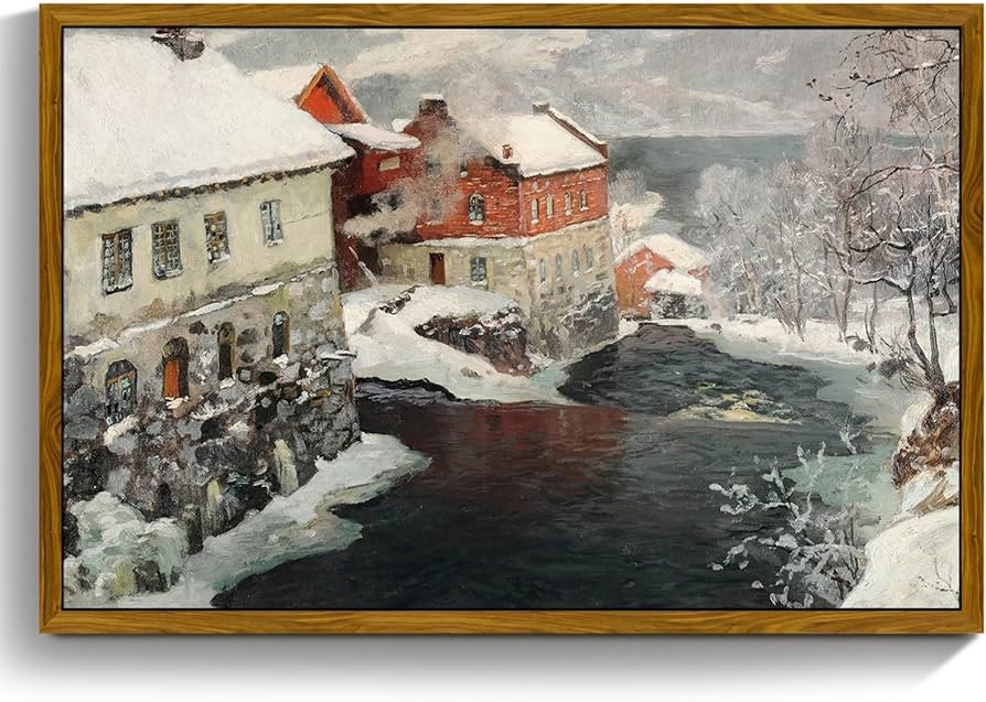 crmotu Framed Canvas Wall Art, Country Winter Scene Vintage Art Prints, Riverside Old Architectur... | Amazon (US)