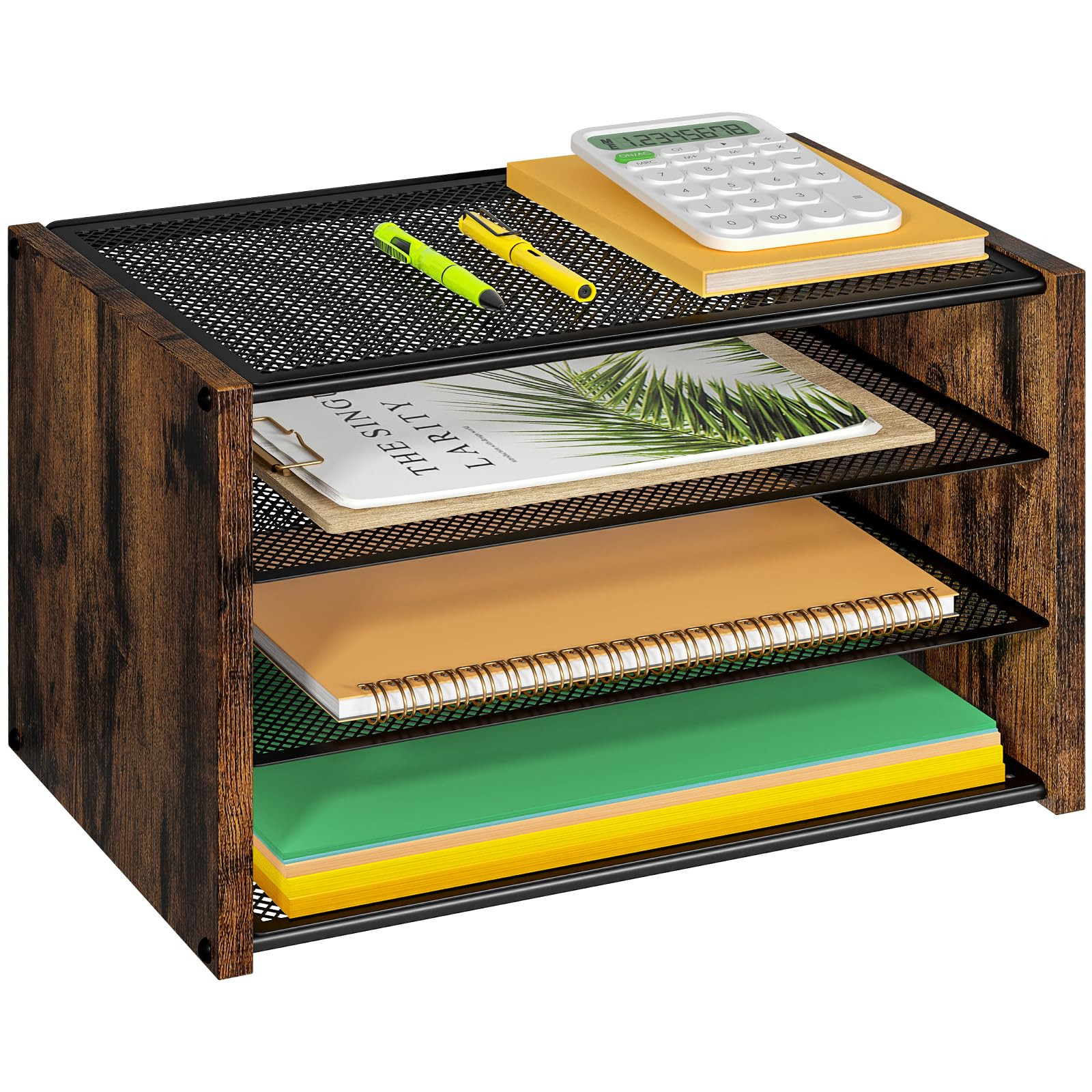 3-Tier Paper Letter Tray, Wooden Desk File Organizer, Stackable Metal Mesh Desk Organizer for Off... | Amazon (US)