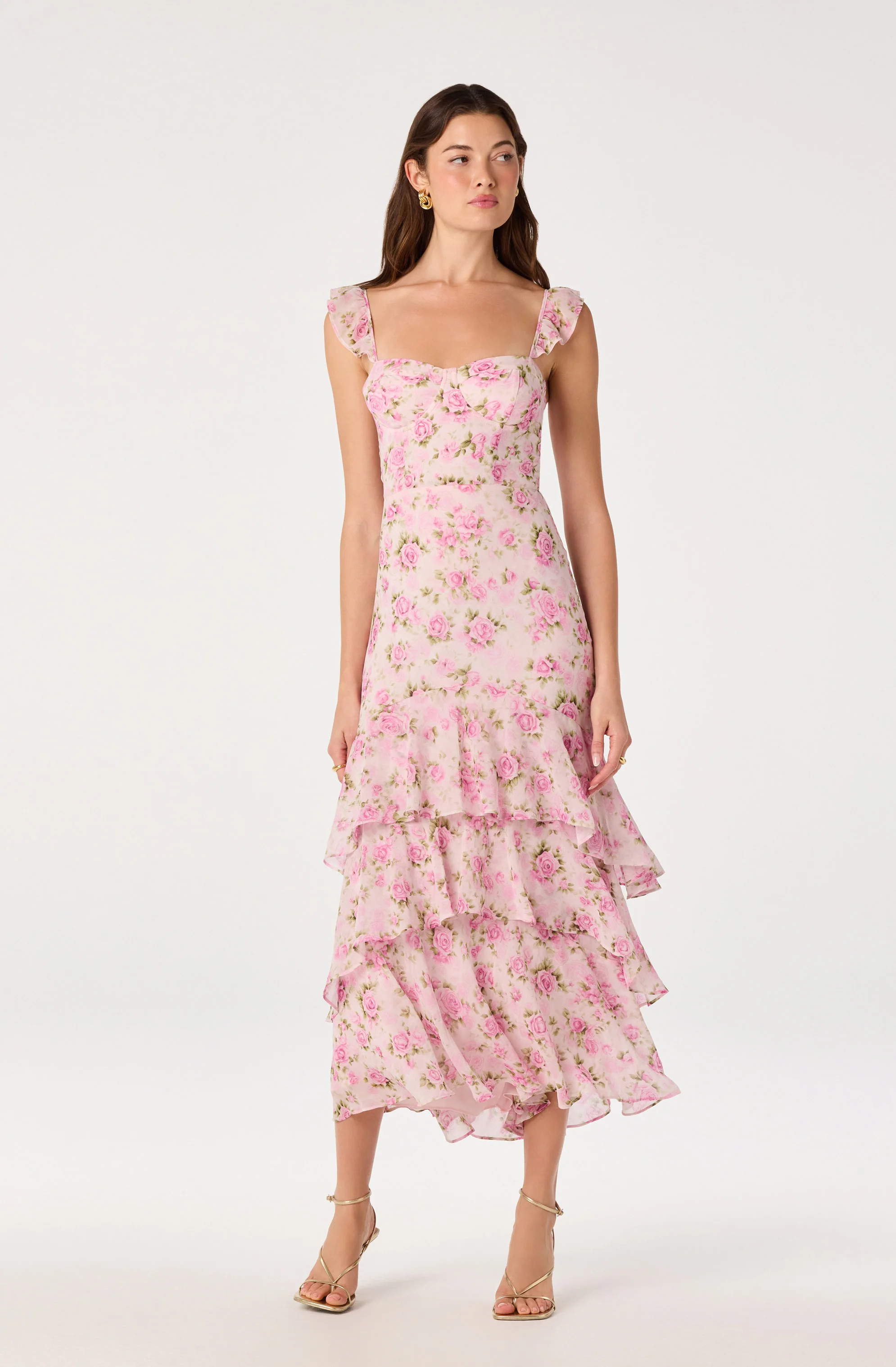 Alcina Tiered Midi Dress - Pink multi floral / XS | ASTR The Label (US)