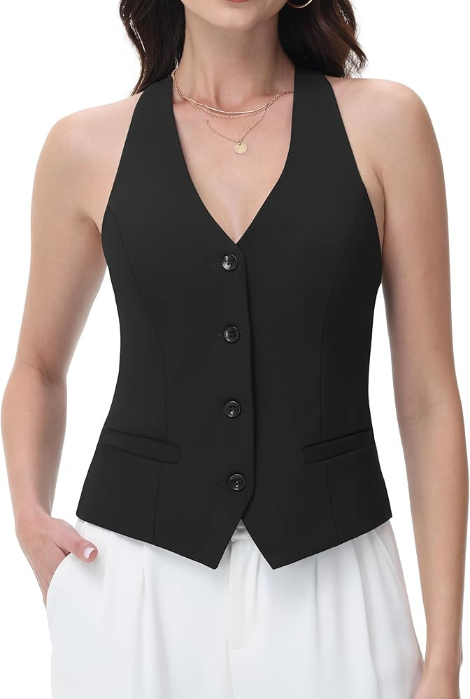 Women Suit Vest V Neck Button Down Vest Top Tuxedo Waistcoat Sleeveless Racerback Fashion Vests B... | Amazon (US)