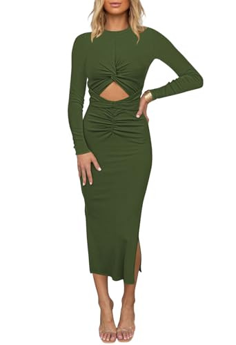 HUUSA Women's Club & Night Out Crewneck Dresses Brunch Outfits Long Sleeve Winter Wedding Guest Bodycon Pencil Knit Ribbed Dress Army Green S | Amazon (US)