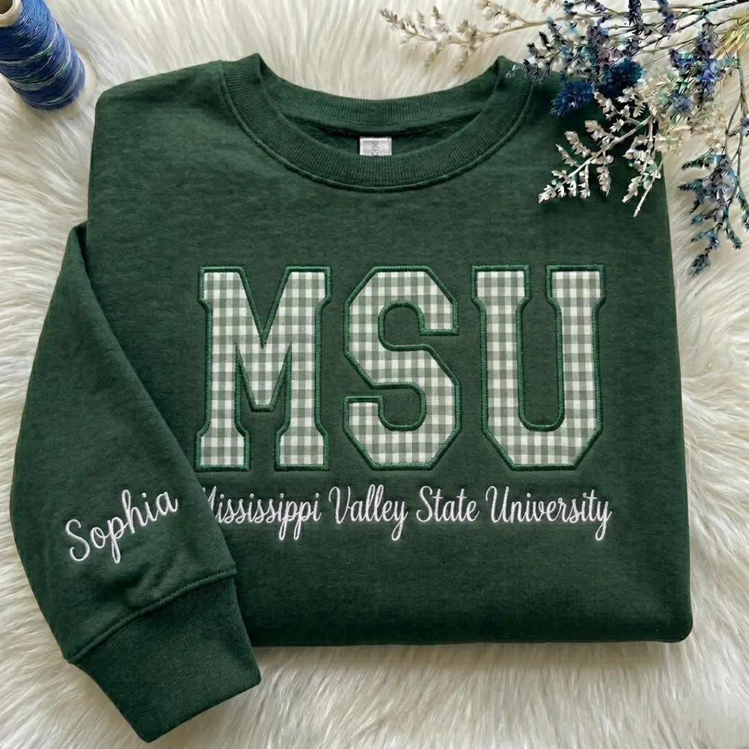 Embroidered Gingham Applique Crewneck, Custom Varsity Applique Letter Sweatshirt, College Sweatsh... | Etsy (US)