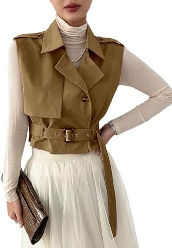 WDIRARA Women's Sleeveless Cropped Trench Coat with Belted Lapel Collar Vest Coat | Amazon (US)