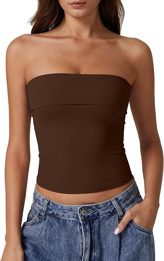 QINSEN Women's Tube Tops Strapless Bandeau Tops Double Lined Slim Fit Summer Going Out Tank Tops | Amazon (US)
