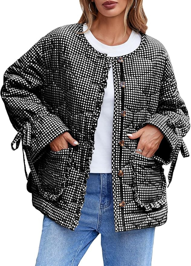 Tankaneo Womens Cropped Quilted Puffer Jackets Lightweight Plaid Button Down Bow Padded Down Coat | Amazon (US)
