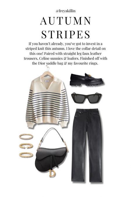 If you haven’t already, you’ve got to invest in a striped knit this autumn. I love the collar detail on this one! Paired with straight leg faux leather trousers, Celine sunnies & loafers. Finished off with the Dior saddle bag & my favourite rings.

#LTKSeasonal #LTKeurope #LTKstyletip