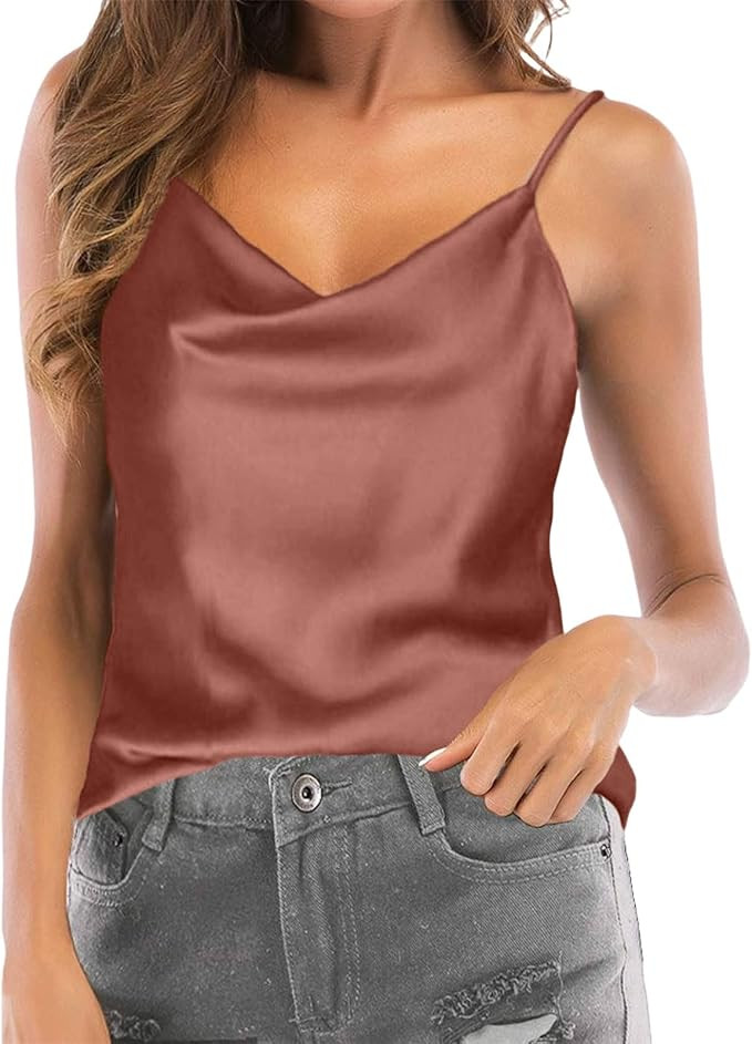 Women's Spaghetti Straps Cowl Neck Satin Camisole Cami Tank Top Silk Sleepwear Sleeveless Blouses... | Amazon (US)