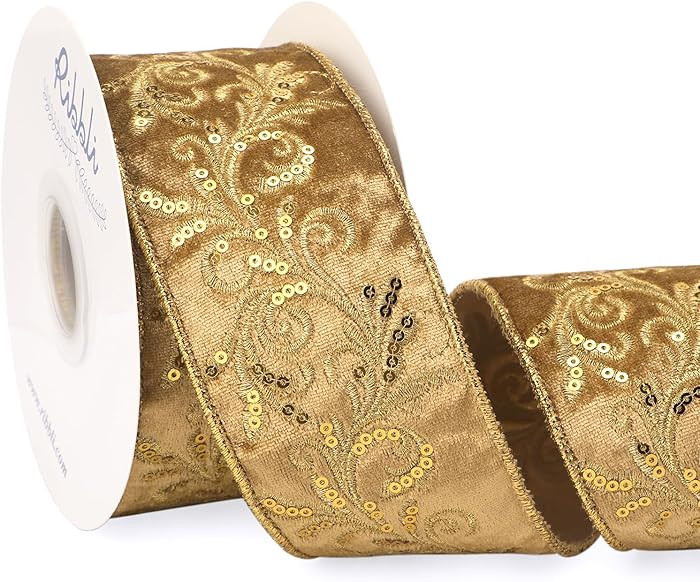 Ribbli Gold Luxe Velvet Wired Ribbon with Embroidery Design 2.5 Inch Christmas Ribbon for Gift Wr... | Amazon (US)