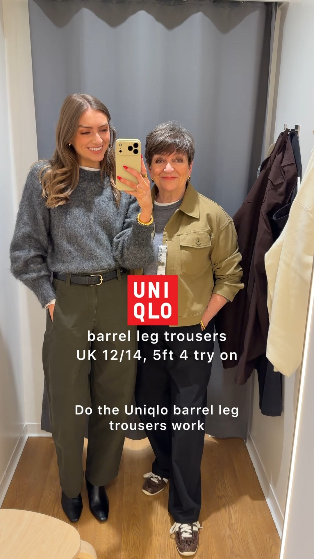 Do the Uniqlo barrel leg trousers work if you’re 5ft 4 and a size UK 12/14? Introducing my Mum to my favourite trousers, we tried them on,  styled them up and here our are honest thoughts!

My Mum is 5ft 4 and a UK size 12/14
She is trying the medium in the brown barrel leg trousers, we did try the large but they were too big
Large in the cream Uniqlo jumper
We try them with her Adidas Japan trainers, my Mint Velvet black leather pointed ankle boots, a & other Stories black wool jacket
Then the medium in the black jersey barrel leg trousers
Large in the Unqilo 100% merino wool grey jumper
Large in the jersey relaxed jacket in light khaki 
Trench-coat is my Mum’s (older from Warehouse)



Uniqlo favourites, Uniqlo barrel leg trousers, styling Mum, try on, uniqlo try on 
