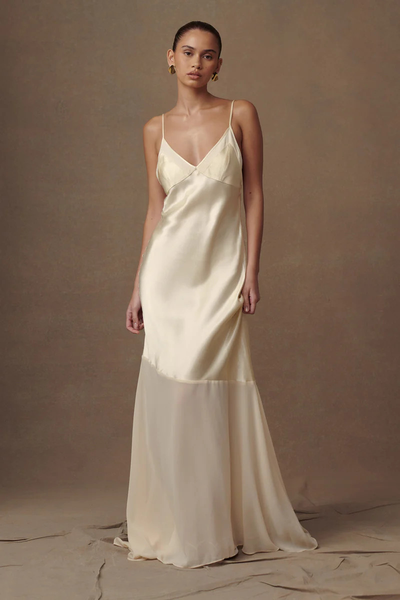 Evelyn Iridescent Satin Maxi Dress - Lemon Sorbet | Meshki (APAC)