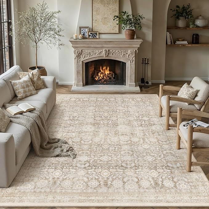 8x10 Beige Washable Neutral Area Rug Living Room Floral Non Slip Low Pile Large Rug Vintage Tradi... | Amazon (US)